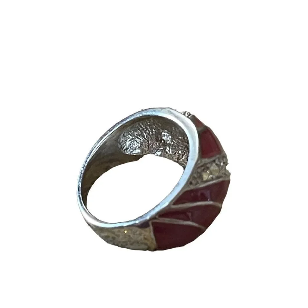 NWOT dark red enamel rhinestone silver tone ring US size 8
